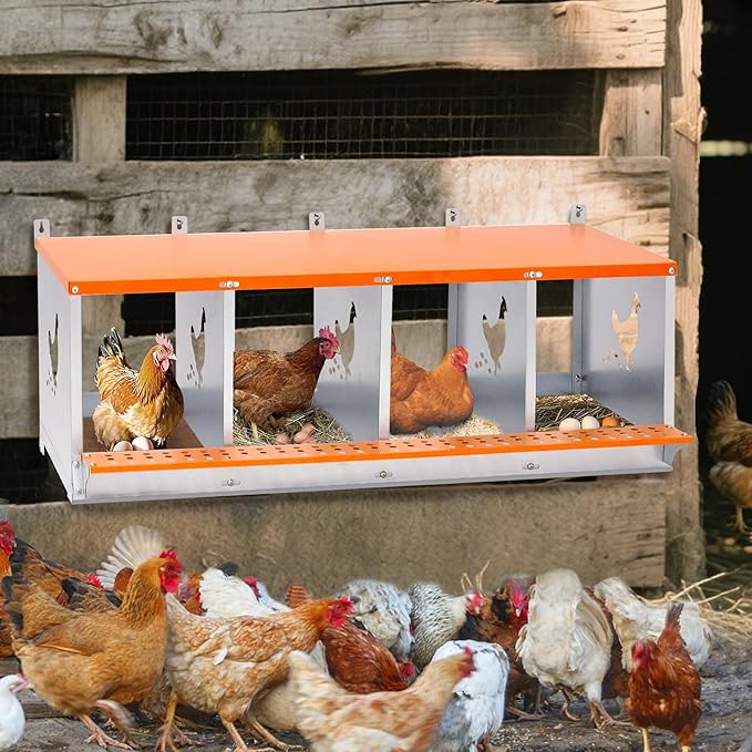 Chicken Nesting Boxes, 4-Bay Metal Nest Box with Vented Galvanized Steel Coop Equipment Wall Mount for Hens Ducks Poultry, Easy Egg Collection & Assembly, Orange (4 Compartment)