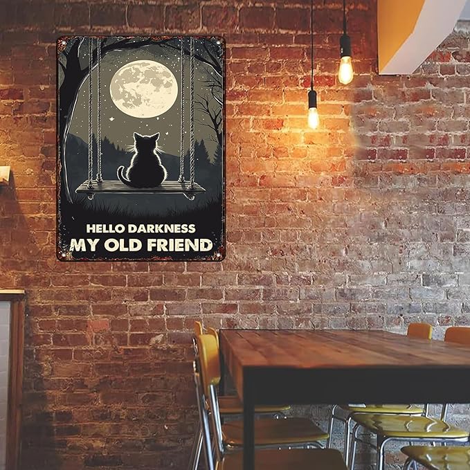 Vintage Wall Decor Metal Poster Plaque Black Cat Hello Darkness My Old Friend Iron Painting Wall Decor Nostalgic Tin Sign For Home Cofe Kitchen Pub Bar 12x16 Inch