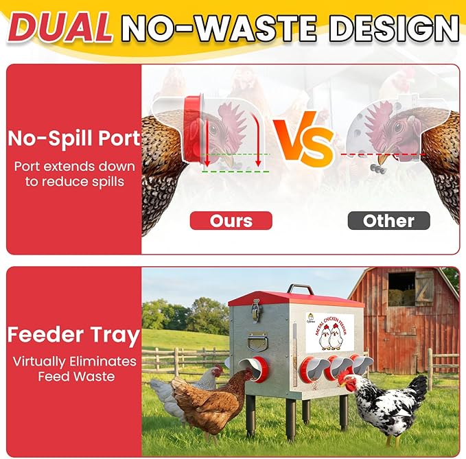 10-Gal 55LB Metal Chicken Feeder with Window, Dual No-Waste & Rat-Proof Design, Automatic Large Chicken Feeder for Outdoor Coops, Rust-Proof Alloy Steel Poultry Feeder with Adjustable Legs