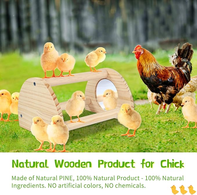 Pine Chicken Perch with Mirror, Strong Chick Jungle Gym Roosting Bar, Chicken Toys for Coop and Brooder, Training Perch Toys for Large Bird, Parrot, Macaw, Hens (Small)