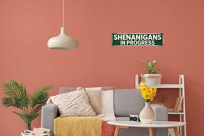 Shenanigans in Progress Metal Tin Sign Wall Art Outdoor Decor 4x16 in
