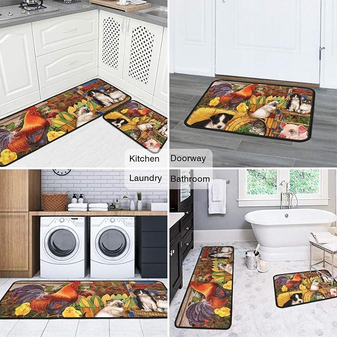Roszwtit Farmhouse Kitchen Rugs and Mats Set of 2, Farm Rooster Kitchen Mat, Seasonal Holiday Cooking Sets Washable Non-Slip Floor Mats for Home Kitchen Decor - 17x29 and 17x47 Inch