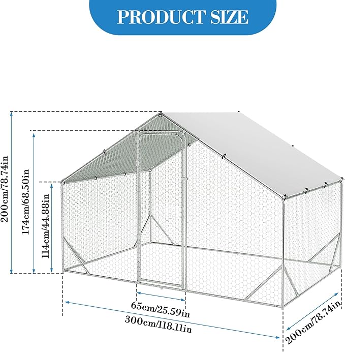 Large Metal Chicken Coop, Walk-in Poultry Cage, Chicken Run Pen House with Reinforcement & Waterproof & Anti-Ultraviolet Cover Chicken Coop Run with Double Lockable Doors for Outdoor 9.8 x 6.5X 6.5ft