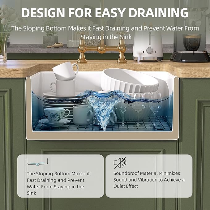 TUKTUK White Farmhouse Sink 24 X18 inch Fireclay Farm House Apron Front Undermount Small Modern Kitchen Sink Single Bowl for Bar and RV Luxury Bottom Grid & Strainer