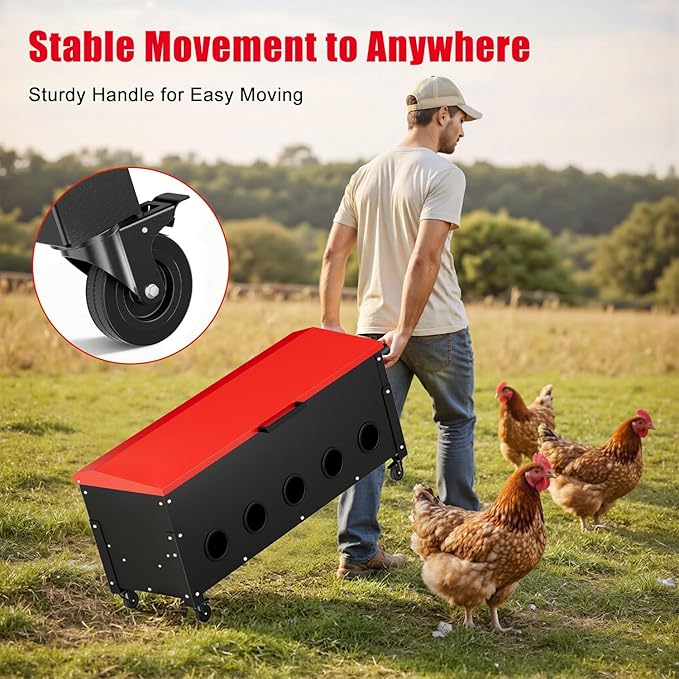 120lb Automatic Metal Chicken Feeder, Heavy Duty Gravity Chicken Feeder Box with Weatherproof Lid Brake Casters,Portable Chicken Feede No Waste Poultry Feeder for Ducks, Geese