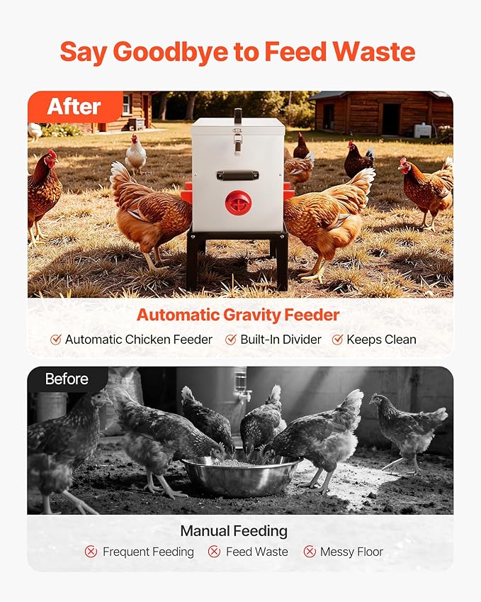 VEVOR Automatic Chicken Feeder, 85 lbs Capacity, 6 Feeding Ports No-Waste Poultry Feeder with Built-in Divider, with Latch & Handle, Metal Construction, for Chickens Bantams Pheasants Poultry Coop