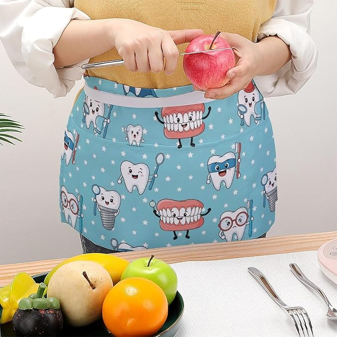 Unisex Chef Waiter Apron Waist Half Short Serving Aprons with 3 Pockets