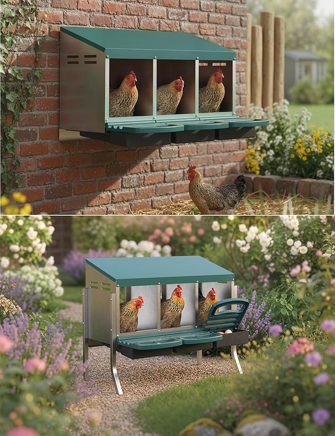 Chicken Nesting Box 3 Hole, Galvanized Steel Nest with Roll Away Egg Collection & Swing Perch, Easy-Clean Laying Box for Hens, Heavy Duty Design for Chicken Coop