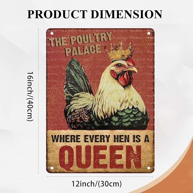 Funny Chicken Metal Tin Sign Where Every Hen Is A Queen Vintage Sign for Wall Art Decor for Home Farm Chicken Coop Farmhouse Kitchen Garden Decor 12X16Inch