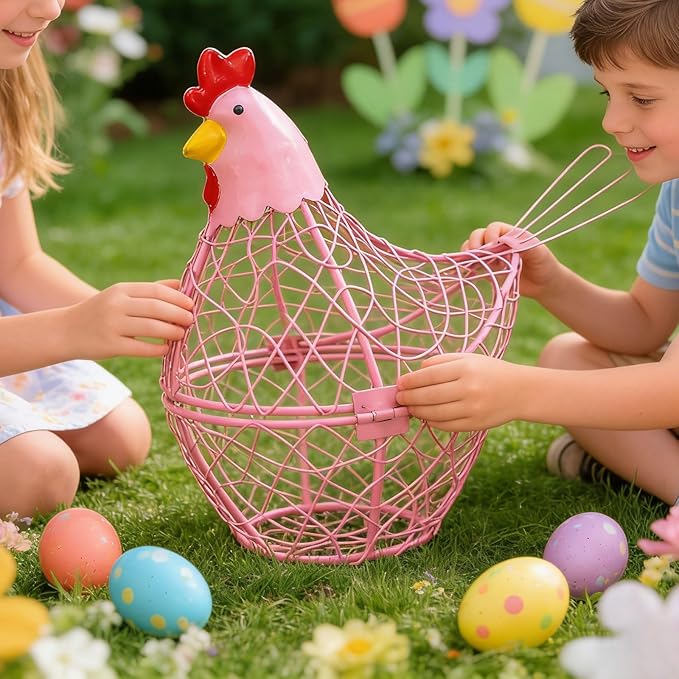 Iron Wire Hen Shape Egg Basket, Egg Holder Farm Fresh Egg Storage Container Decorative, Chicken Decoration for Kitchen Dining (Purple)