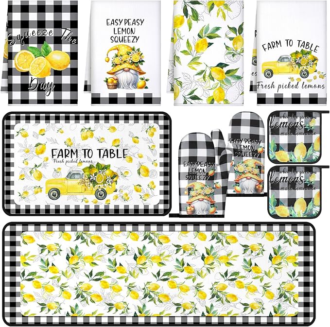 10 Pcs Lemon Kitchen Decor Set Dish Towels Kitchen Rugs Oven Mitts and Pot Holders for Cooking Baking Grilling Women Mom Gift