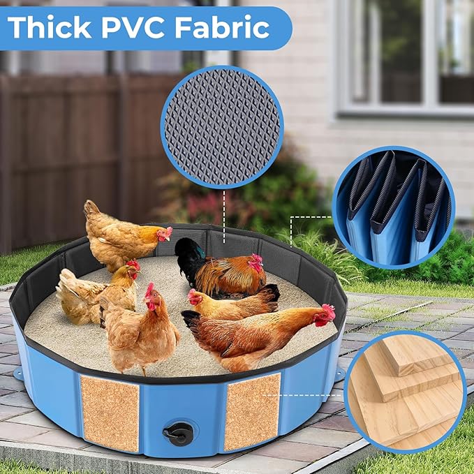 Chicken Dust Bath Tub (32'' D * 8'' H), Foldable Design Extra Tough PVC Material Chicken Coop Lime, Dust Bath for Chickens, Chicken House Cleaner Container, Essential Chicken Coop Accessories Blue
