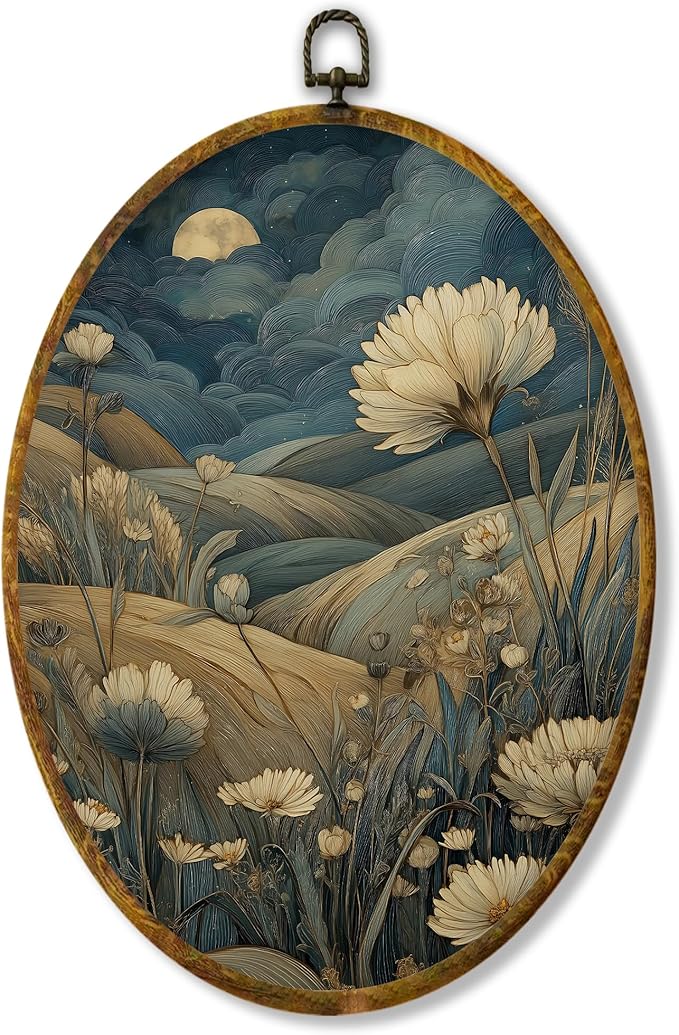 shiviody Vintage Floral Canvas Wall Art Decor, Retro Country French Gallery Wall Art, Antique Flower Nature Dark Botanical Oval Hanging Frame Prints Decorations for Living Room Bedroom Kitchen 8.6"x11.4"
