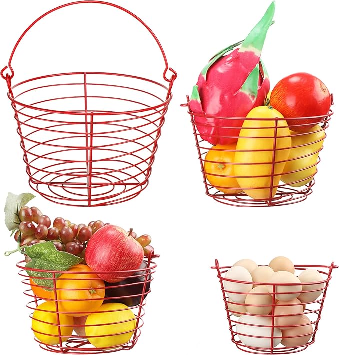 4 Pieces Egg Baskets for Collecting Fresh Eggs with Handle Chicken Wire Egg Basket Metal Storage Basket for Gathering Transporting Eggs Fruit Food Farmhouse Kitchen Decoration 4 Size(Red)