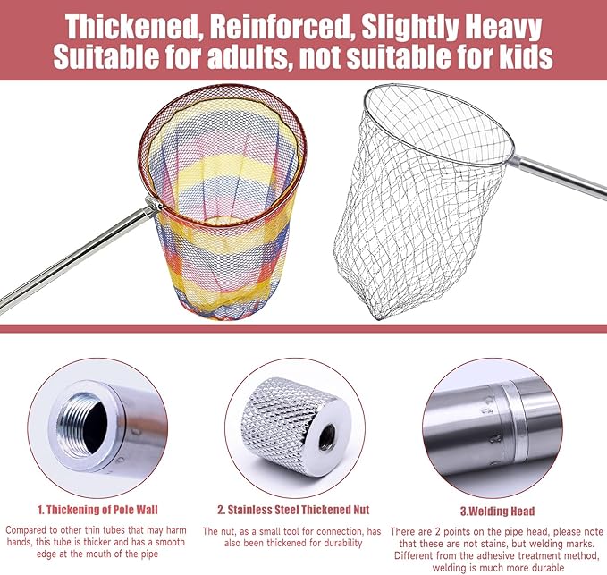 2 Sets Chicken Catching Net with 2 Poles 2 Nets Extra Durable Fishing Net for Adult Poultry Catcher Net Thickened Adjustable Stainless Steel Catching Poles Sets for Chick Goose Ducks Fish Birds