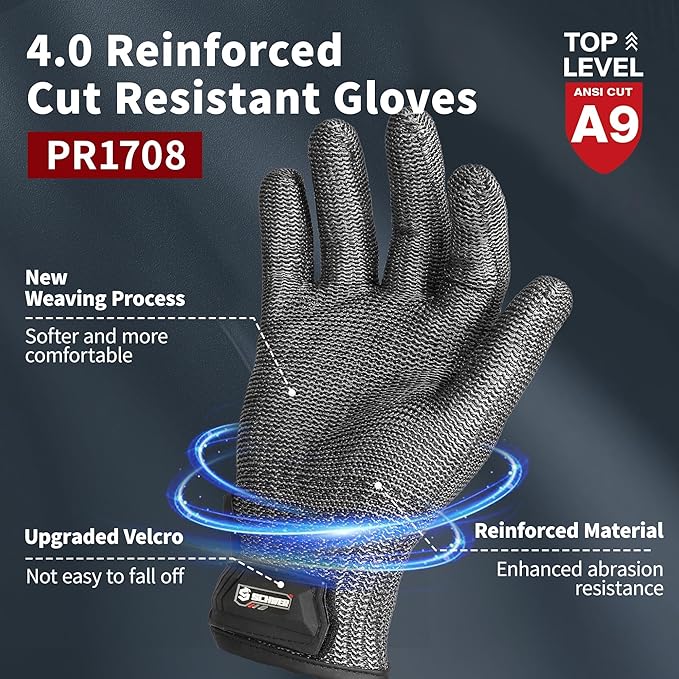 Schwer Ultimate Cut Resistant Gloves Beyond ANSI A9, Reinforced Stainless Steel Glove, Food Grade Mesh Metal Gloves for Butcher Meat Cutting, Oyster Shucking, Mandoline, PR1708 (M, 1 Pcs)
