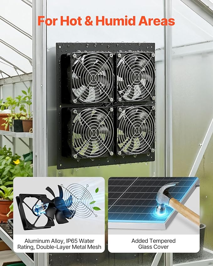VEVOR Solar Powered Fan, 25W Solar Panel with 4 Fans, Adjustable Solar Panel Angle, 2668 RPM High-Speed, Flexible Installation, Fast Air Exchange for Greenhouse, Grow Tents, Chicken Coops, Shelters