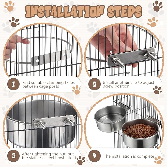 Zopeal 4 Pcs Stainless Steel Dog Bowls for Kennel Hanging 1 Quart Dog Feeder Crate Water Bowl Cage No Spill Puppy Bowls Pet Food Holder for Large and Medium Dogs Guinea Pig Rabbit Chicken Coop Cup