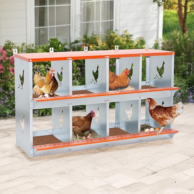 Chicken Nesting Boxes, 8-Bay Metal Nest Box with Vented Galvanized Steel Coop Equipment Wall Mount for Hens Ducks Poultry, Easy Egg Collection & Assembly, Orange (8 Compartment)
