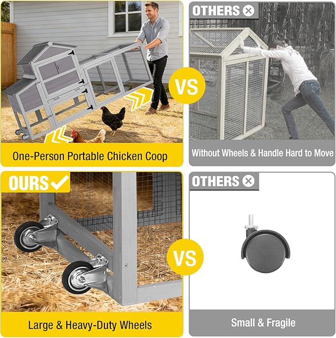 Aivituvin Large Chicken Coop with Wheels, Outdoor Hen House Mobile Poultry Cage with Run, Weatherproof Asphalt Roof, Sectionable Nesting Box, Leakproof Pull-Out Tray for 4-6 Chickens - Grey