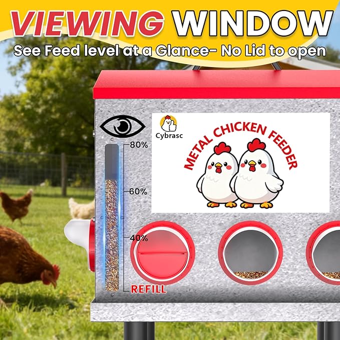10-Gal 55LB Metal Chicken Feeder with Window, Dual No-Waste & Rat-Proof Design, Automatic Large Chicken Feeder for Outdoor Coops, Rust-Proof Alloy Steel Poultry Feeder with Adjustable Legs
