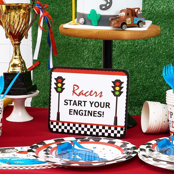 WERNNSAI Race Car Birthday Party Decorations - 10PCS Funny Car Party Signs Decorations for Boys Kids Racing Birthday Supplies Racing Cars Route 66 Sign for Birthday Anniversary Home Yard Wall Decor