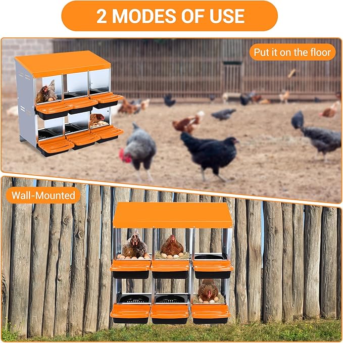 Chicken Nesting Box,Chicken Laying Boxes with 3 Compartment Metal Stainless Steel,Chickens Egg Laying Nest Boxes with Rollout Egg Collection,Chicken Brooder Box with Perch, Orange