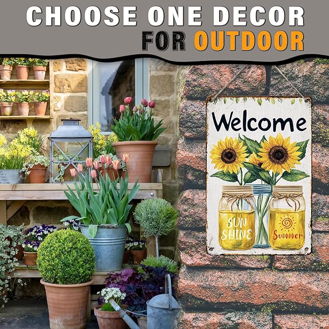 Summer Welcome Sign Wall Art Decor Welcome Floral Ornaments Iron Plaque Sign for Club Bar Garage Wall Decor 8x12inch