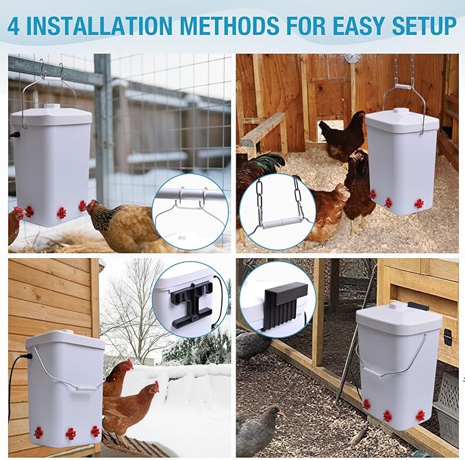 3 Gallon Chicken Waterer Bucket for Coop, All-Season Poultry Waterer with Thermostat Heater, Freeze Proof Design, 4 Installation Options, 9.8 ft Power Cord for Backyard Chickens & Small Farms