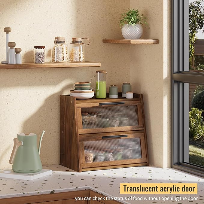 Bread Box for Kitchen Counter, Wooden Double Layer Bread Storage Container Bin,Bread Holde,Countertop Bread Storage with Window