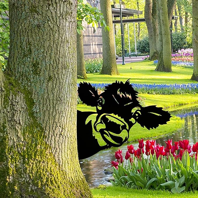 Farm Peeping Cow Metal Art Outdoor Decor Garden Fence Decoration, Farmhouse Backyard Hang Artwork Wall Decor, Outdoor Yard Patio Lawn Statue Gift for Loved Dad Grandpa (Cattle)