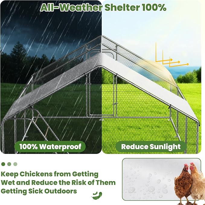 Large Metal Chicken Coop Run with Roosting Perch, Outdoor Waterproof & UV-Resistant Cover for Chickens, Ducks, Rabbits, and Hens in Yard or Farm Use Spire Roof (13.1'Wx19.7'Lx 6.5'H)