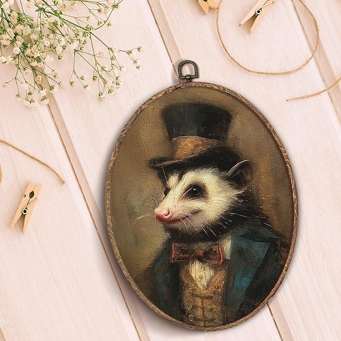 Hxlac Victorian Opossum Squirrel Oval Wall Art Framed Set of 2, Vintage Victorian Style Animal Oval Wall Decor, Autumn Squirrel Hanging Canvas Prints Wall Sculptures for Home Room Decor, 8.5x11.5 Inch