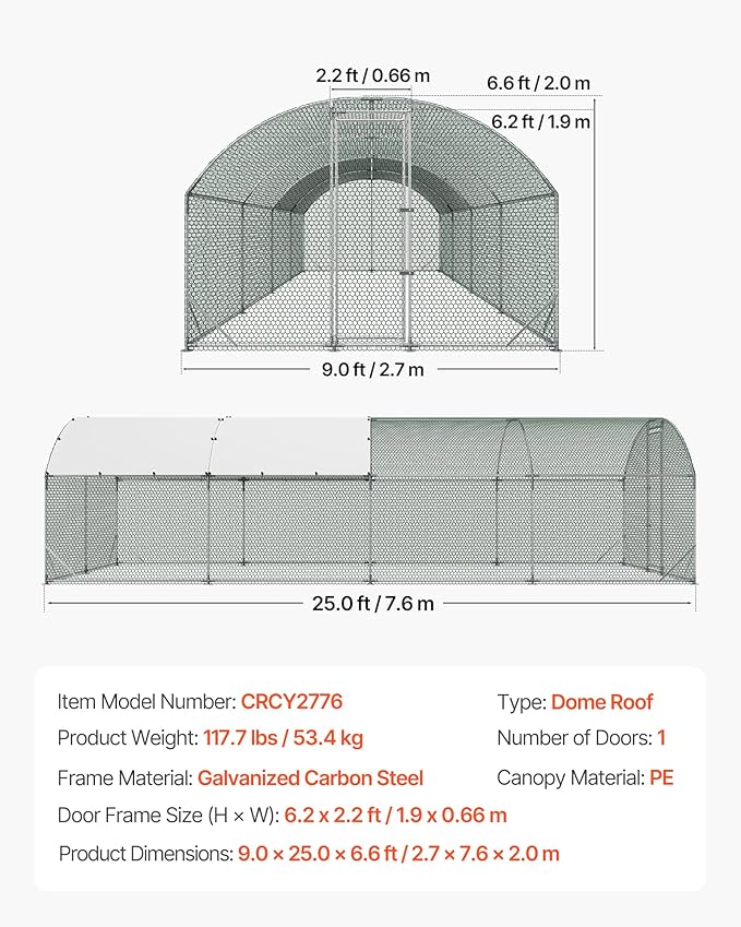 VEVOR Large Metal Chicken Coop, 9 x 25 x 6.6 ft, Walk-in Chicken Run House with Waterproof Cover & Sturdy Frame, Dome Roof Poultry Cage Duck Pen for Rabbit Hen Goose Outdoor Backyard Farm Use
