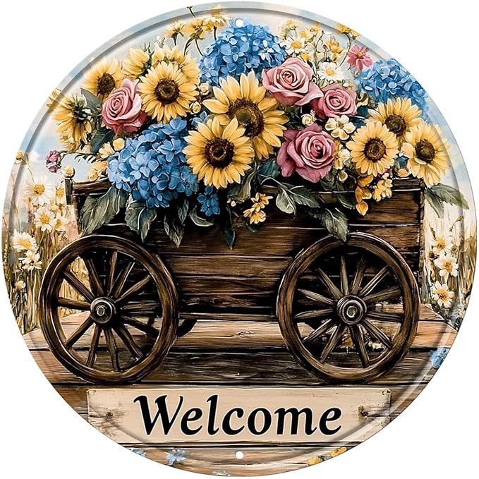 Round Flowers Welcome Metal Tin Sign Wreath Vintage Wall Decor for Farmhouse Home Kitchen Garden Office Backyard Patio 12x12inch