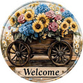 Round Flowers Welcome Metal Tin Sign Wreath Vintage Wall Decor for Farmhouse Home Kitchen Garden Office Backyard Patio 12x12inch