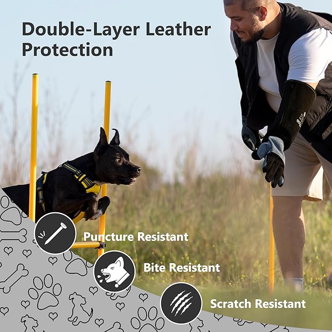 COOLJOB Kevlar Bite Proof Animal Handling Gloves for Cat Grooming, Dog Training, Leather Protective Gloves for Men, 16/22"