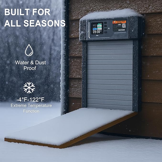 Automatic Chicken Coop Door, Solar Powered Roll-Up Chicken Door with Light Sensor, Timer & Manual Mode, 2500mAh Battery, USB-C Backup, Aluminum Frame, Anti-Pinch, for Chicken Coop Size:13.2''x8.9''