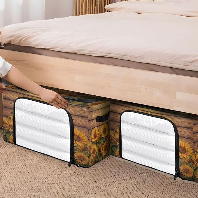 xigua Wood Grain Sunflower Clothes Storage Bins with Hold Shape Metal Frame, 2 Opening Ways Foldable Clothes Organizer Box with Clear Window & Handles for Seasonal Clothing