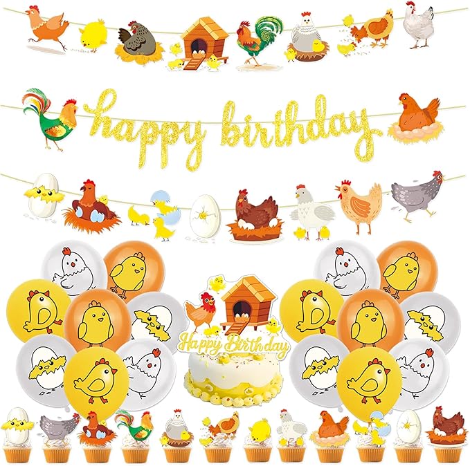 Chicken Party Decorations Gold Glitter Happy Birthday Banner Chicken Paper Garlands Chick Balloons Cake Cupcake Topper for Spring Easter Farm Theme Party Decor Supplies
