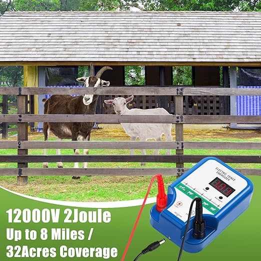 Electric Fence Kit, 8 Mile 12kV 2J Electric Fence Charger AC/DC Powered with 50 Insulators, Socket Tool, 250ft Aluminum Wire for Livestock Control, Predators Deterrent(LCD Display Ver.,Blue)