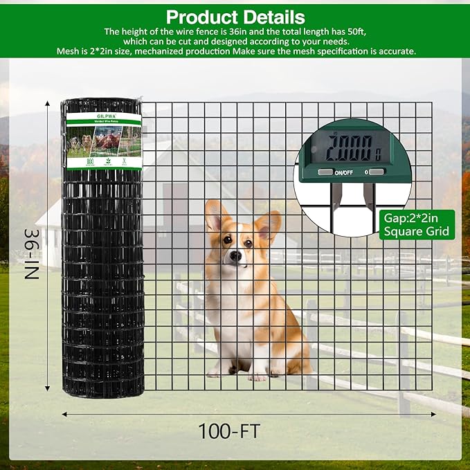 Wire Fence, 100 ft(L) X 36 in(H) PVC Coated Welded Wire Fencing 2" X 2" 16GA Garden Border Vinyl Metal Chicken Wire Fencing Mesh Roll for Yard Vegetable Plant Protection Poultry Netting Black