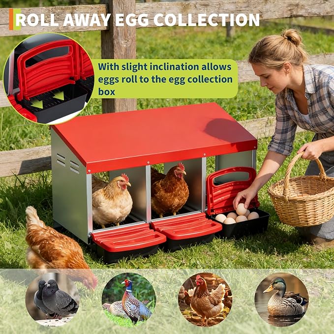 Chicken Nesting Box, 3 Hole Compartments Chickens Egg Laying Nest Boxes for Hens, Metal Chicken Egg Laying Box, Roll Out Egg Collection, Cleanable Pull Out Hen Roosting Boxes Wall Mount, Vented