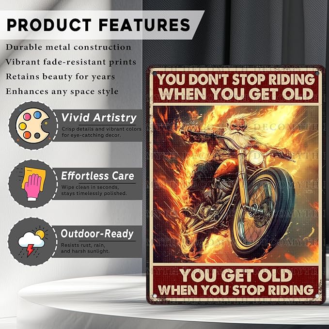 Vintage Motorcycle Tin Sign You Don't Stop Riding When You Get Old Retro Wall Decor Nostalgic Art Funny Riders Metal Poster Store Cafe Garage Bar Pubs Toilet Bedroom Man cave 12 * 16inch