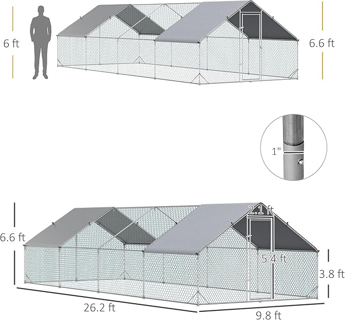 PawHut Large Chicken Coop Metal Chicken Run with Waterproof and Anti-UV Cover, Spire Shaped Walk in Fence Cage Hen House for Outdoor and Yard Farm Use, 1" Tube Diameter, 9.8' x 26.2' x 6.6'