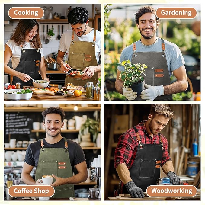 AOLEBA Aprons for Men & Women,Canvas Chef Apron with Cross Back Adjustable,For Kitchen, Garden, Cafe, Mens Aprons Gifts for Dad Father Men, M-XXL (Black)