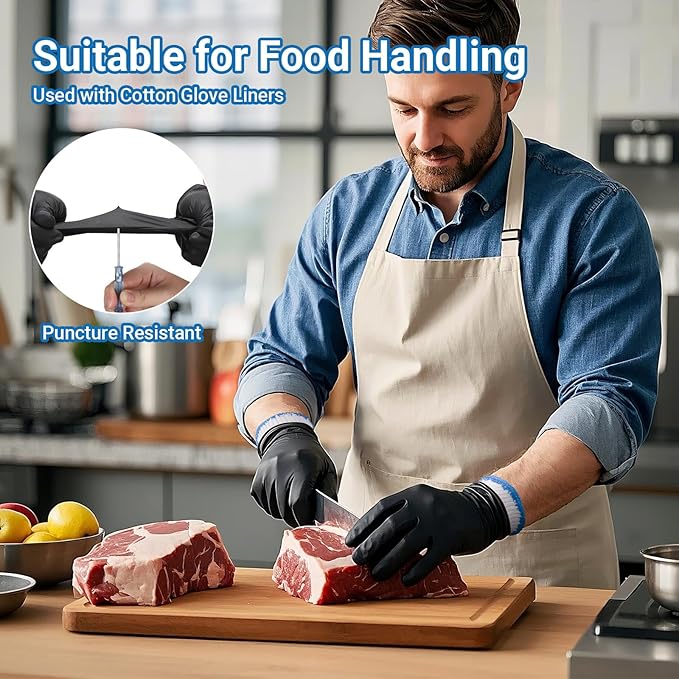 100 PCS Disposable Black Nitrile BBQ Gloves - 5 Mil Heavy Duty Latex Free for Cooking, Serving, BBQ, Barber, Butcher, Chef, with 12 Pairs Cotton Glove Liners Men & Women, Medium