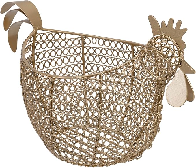 MyGift Vintage Brass Tone Metal Wire Fresh Egg Gathering Basket in Decorative Chicken Shaped Design, Farmhouse Easter Decor Egg Display Storage Basket for Counter