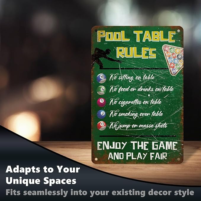 Retro Pool Table Rules Tin Sign Vintage Metal Poster Nostalgic Wall Art Bar Pub Man cave Shop Living Room Bedroom Game Room 12 * 8 In