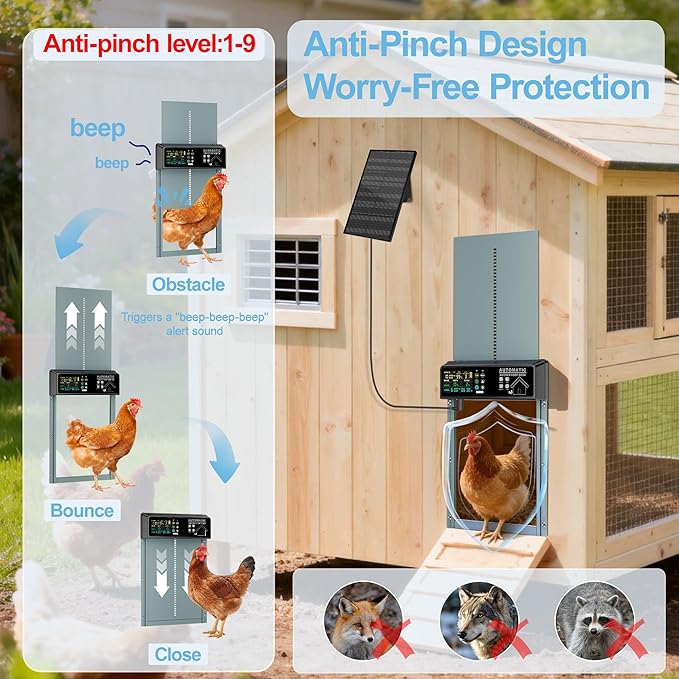 Solar Powered Automatic Chicken Coop Door with Remote Control – Smart Anti-Pinch Safety, Color LCD Display, Heavy-Duty Aluminum, All-Weather Operation (Light Blue)